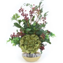 Green Hydrangea with Berries in Gold Rimmed Rose Bowl