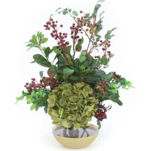 Green Hydrangea with Berries in Gold Rimmed Rose Bowl