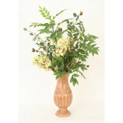 Green Pink Hydrangeas with Rosehip in Terracotta Vase