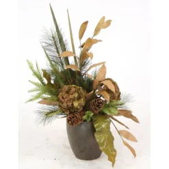 Harvest Floral with Hydrangea and Pine in a Crystal Bronze Plum Pot
