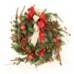 Hickory Pine Wreath with Crabapples and Ribbon