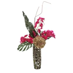 Hydrangea and Phalaenopsis Orchids with Split Philo Leaf  in Open Weave Vase
