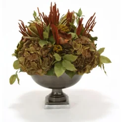 Hydrangea, Dried and Greenery in Metal Urn