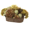 Hydrangea with Agapanthus and Artichoke's in Dark Brown Woven Oval Basket