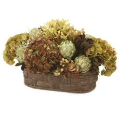 Hydrangea with Agapanthus and Artichoke's in Dark Brown Woven Oval Basket