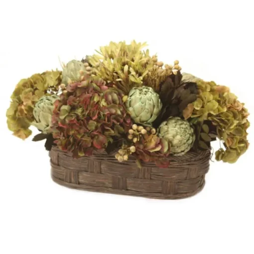 Hydrangea with Agapanthus and Artichoke's in Dark Brown Woven Oval Basket