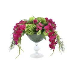 Hydrangea with Orchids and Hanging Amaranthus in Glass Bowl with Pedestal