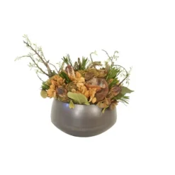 Hydrangea with Phylica,  Brunia and Bird Nest in Green Metal Sosa Bowl