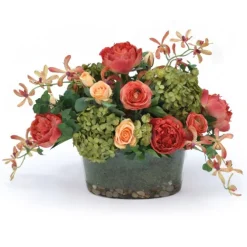 Hydrangeas and Peonies in Glass Oval Bowl