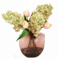 Hydrangeas and Pink Tulips in Oregon Violet Vase