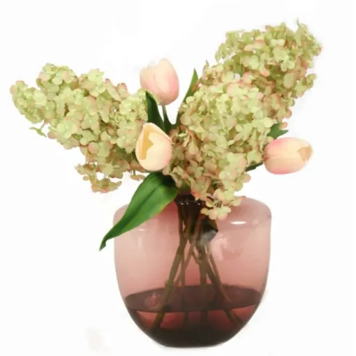 Hydrangeas and Pink Tulips in Oregon Violet Vase