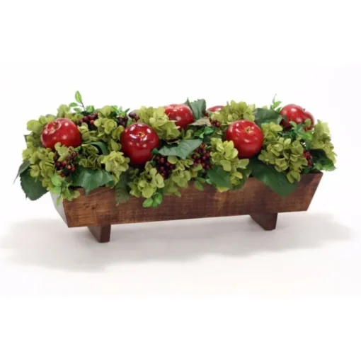 Hydrangeas, Berries and Apples Nestled in Stained Wood Planter
