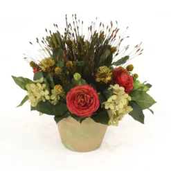 Hydrangeas, Ranunculus and Dried Grasses in Green Pot