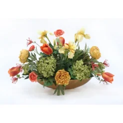 Hydrangeas with Peonies and Iris in Gold Oval Ritz Bowl