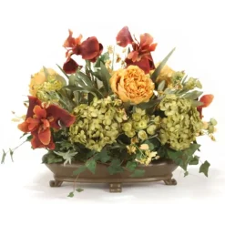 Iris, Hydrangea, and Peonies in Oval Bowl with Feet