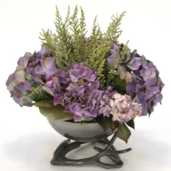 Lavender Hydrangeas in Black Nickel Bowl with Horns