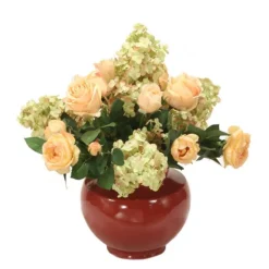 Light Coral Roses Mixed with PeeGee Hydrangeas in Oxblood Red Planter