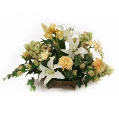 Lilies, Dahlias, Hydrangeas, Ivy, Spirea in Low Antique Brass Tray