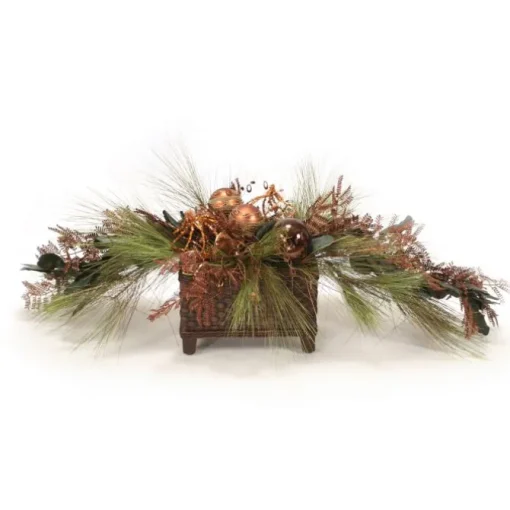 Long Needle Pine with Laurel and Mimosa Bronze Garland and Metallic Accents