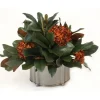 Magnolia Foliage with Rust Hydrangeas in Pewter Oval Planter