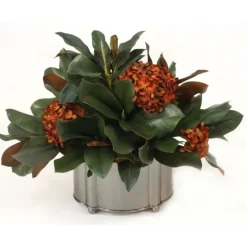 Magnolia Foliage with Rust Hydrangeas in Pewter Oval Planter