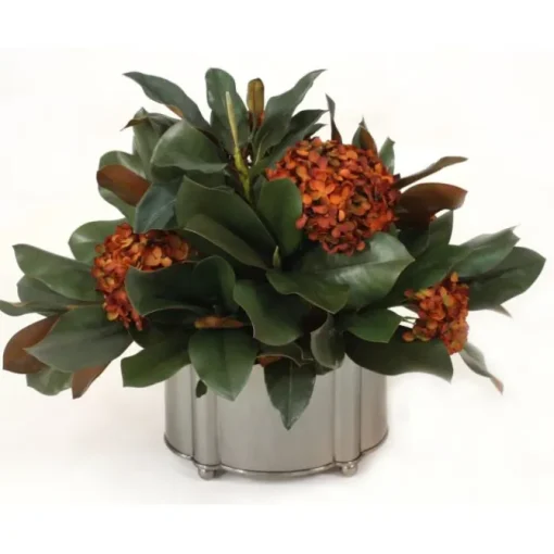 Magnolia Foliage with Rust Hydrangeas in Pewter Oval Planter