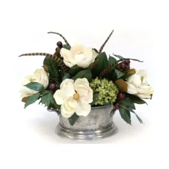 Magnolia with Hydrangeas in Silver Urn