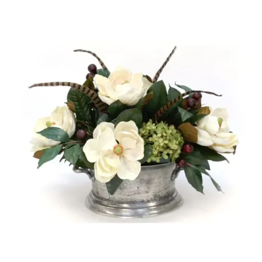 Magnolia with Hydrangeas in Silver Urn
