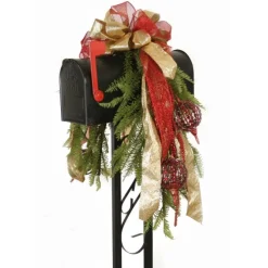 Mailbox Garland Adorned with Red Jeweled Ornaments, Gold Glittered Ribbon and Red Glitter Ribbon