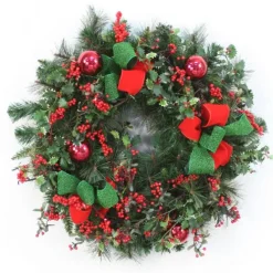 Mix Pine Wreath with Red Berries, Red Glass Ornaments and Red and Green Ribbon