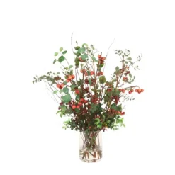 Mixed Burgundy Cherries, Berries with Greens in Glass Cylinder