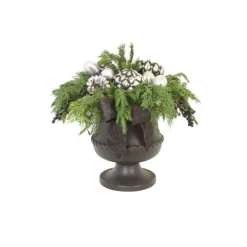 Mixed Cedar and Pine with Black and Silver Ornaments and Black Berries, Pine Cones in Black Urn