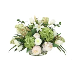 Mixed Cream Pink Peonies and Lilies, White Tulips, Green Hydrangeas in Oval Glass