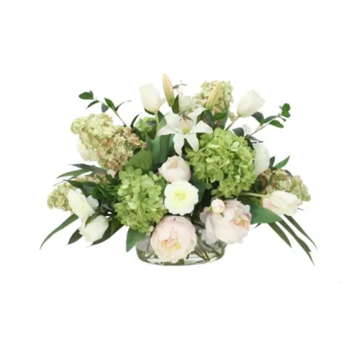 Mixed Cream Pink Peonies and Lilies, White Tulips, Green Hydrangeas in Oval Glass