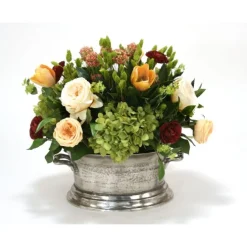 Mixed Floral of Roses, Hydrangea and Tulips in Pewter Newport Planter