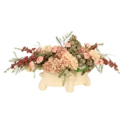 Mixed Garden Flowers,  Peegee Hydrangea, Peonies, Roses and Delphinims in Bisqued Feathered Planter