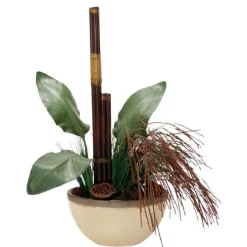 Mixed Grass with Pods and Rattan Poles in Small Oval Earthenware Vase