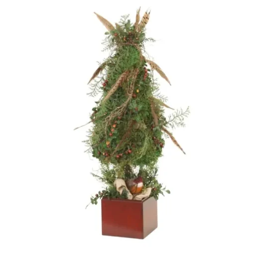 Mossed Tree with Berries and Feathers and Bird in Brown Box