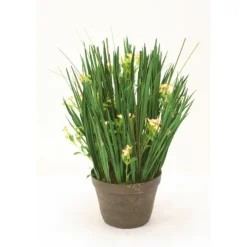 Natural Blades and Grass with Yellow and Coral  Wildflowers in Stoneware Pot