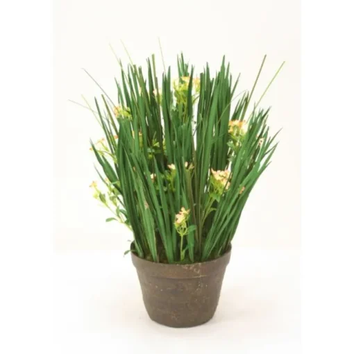 Natural Blades and Grass with Yellow and Coral  Wildflowers in Stoneware Pot