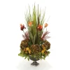 Natural Grass Garden with Flowers and Gold Yarrow in Metal Bronze Compote