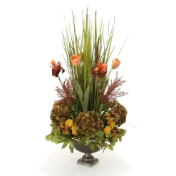 Natural Grass Garden with Flowers and Gold Yarrow in Metal Bronze Compote
