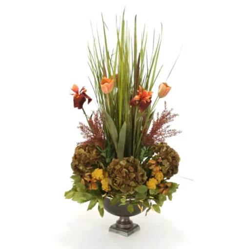 Natural Grass Garden with Flowers and Gold Yarrow in Metal Bronze Compote