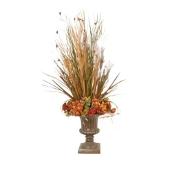 Natural Grasses and Rust Hydrangeas in Classic Urn