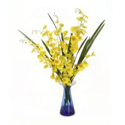 Oncidiium Orchid with Foliage in Blue Vase
