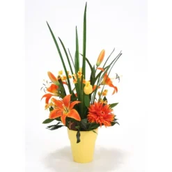 Orange And Yellow Spring Mix In Yellow Clay Pot