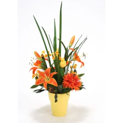 Orange And Yellow Spring Mix In Yellow Clay Pot