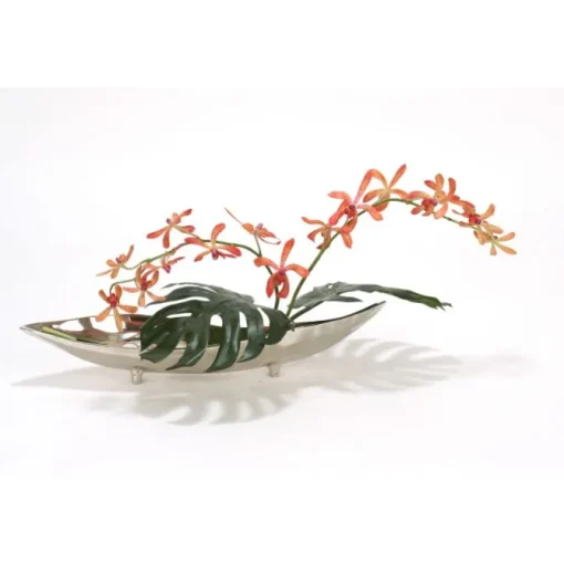 Orange Vanda Orchid with Split Philo Leaves in Silver Metal Tray