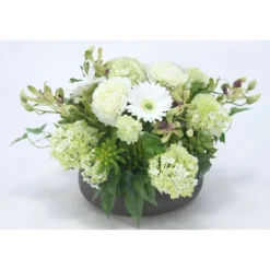 Orchid with Daisies and Snowball Hydrangeas in Low Bowl