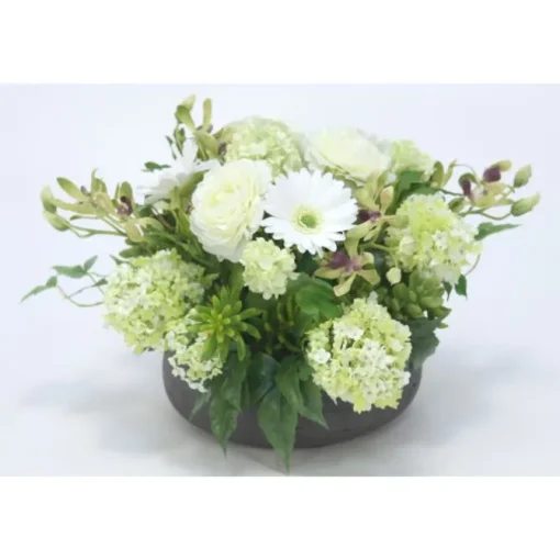Orchid with Daisies and Snowball Hydrangeas in Low Bowl